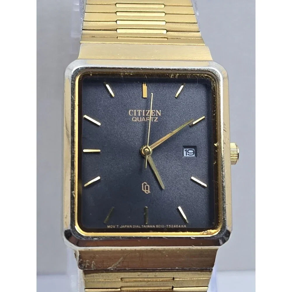 Vintage Citizen Mens Quartz Gold Tone Tank Black Dial Calendar Watch New Battery